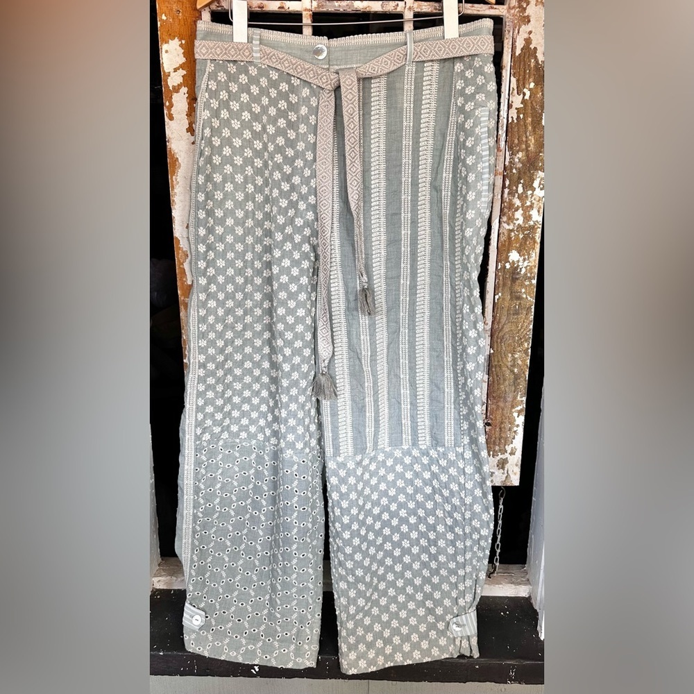 ZARA Embroidered Patchwork Wide Leg Pants Sage Boho High Rise Belted XXL - Picture 4 of 10